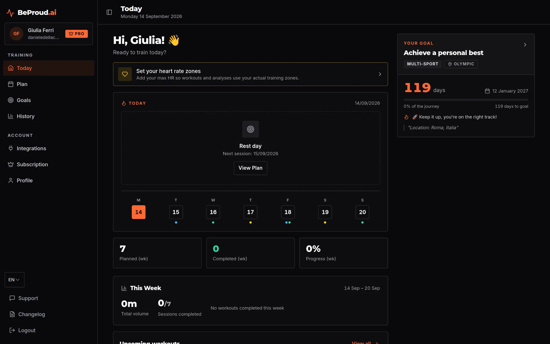 BeProud.ai dashboard with weekly progress