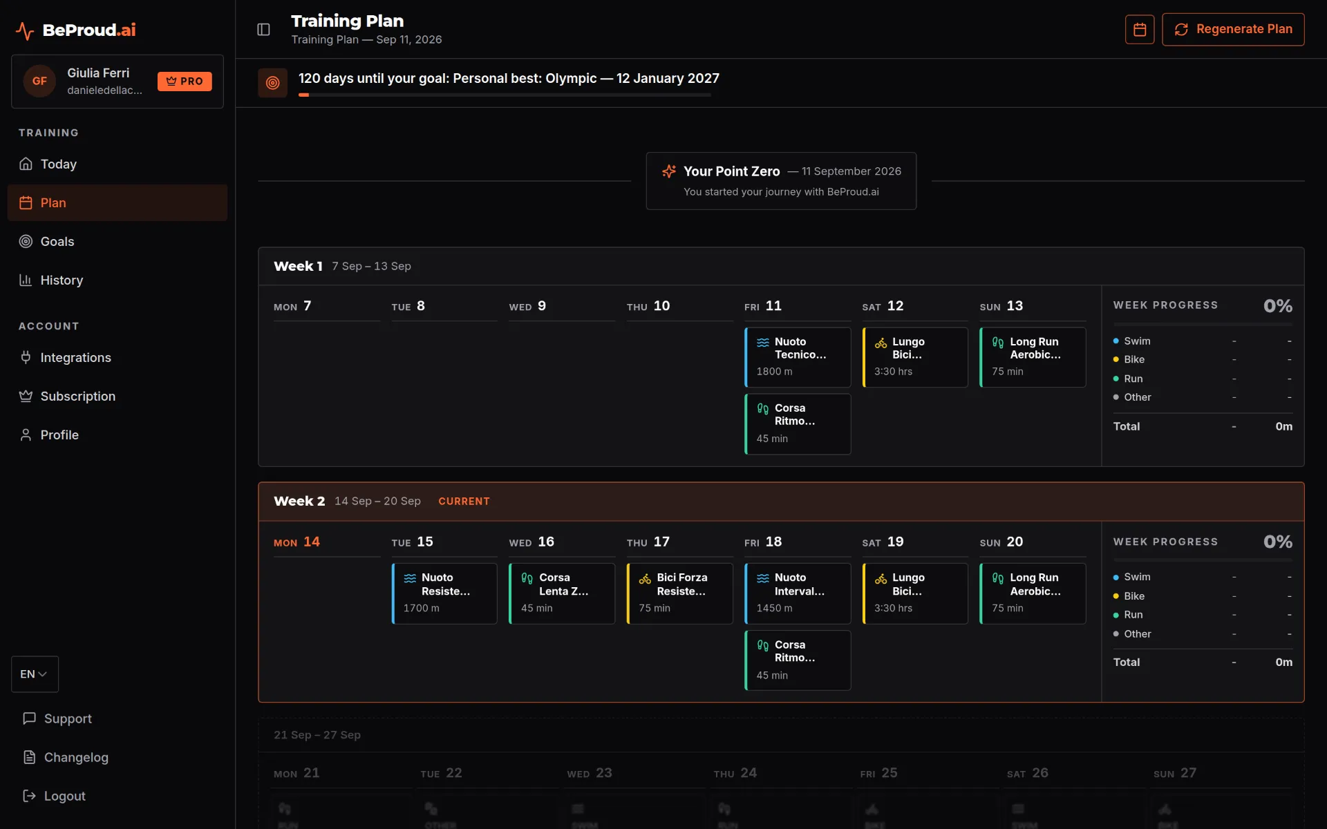 BeProud.ai weekly training plan on desktop