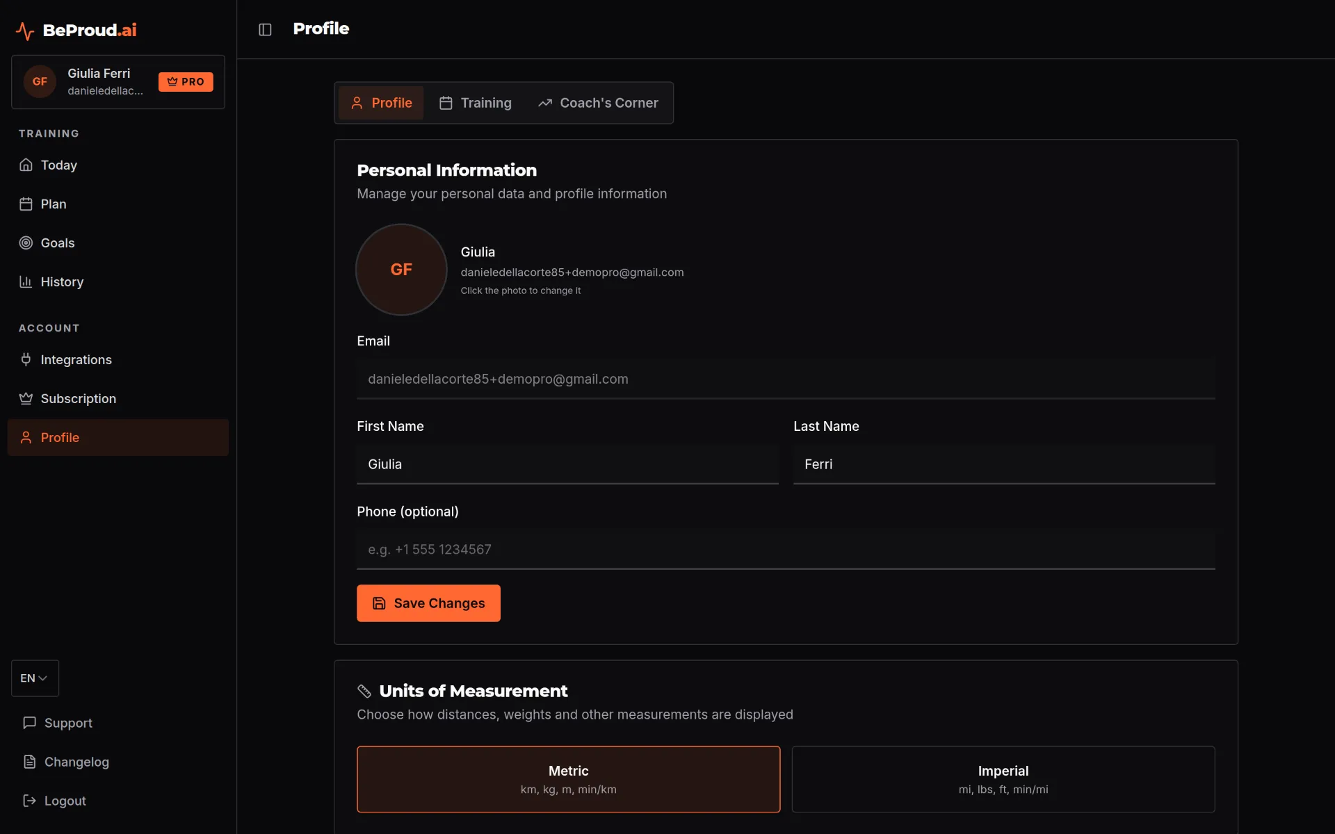 BeProud.ai athlete physiology profile