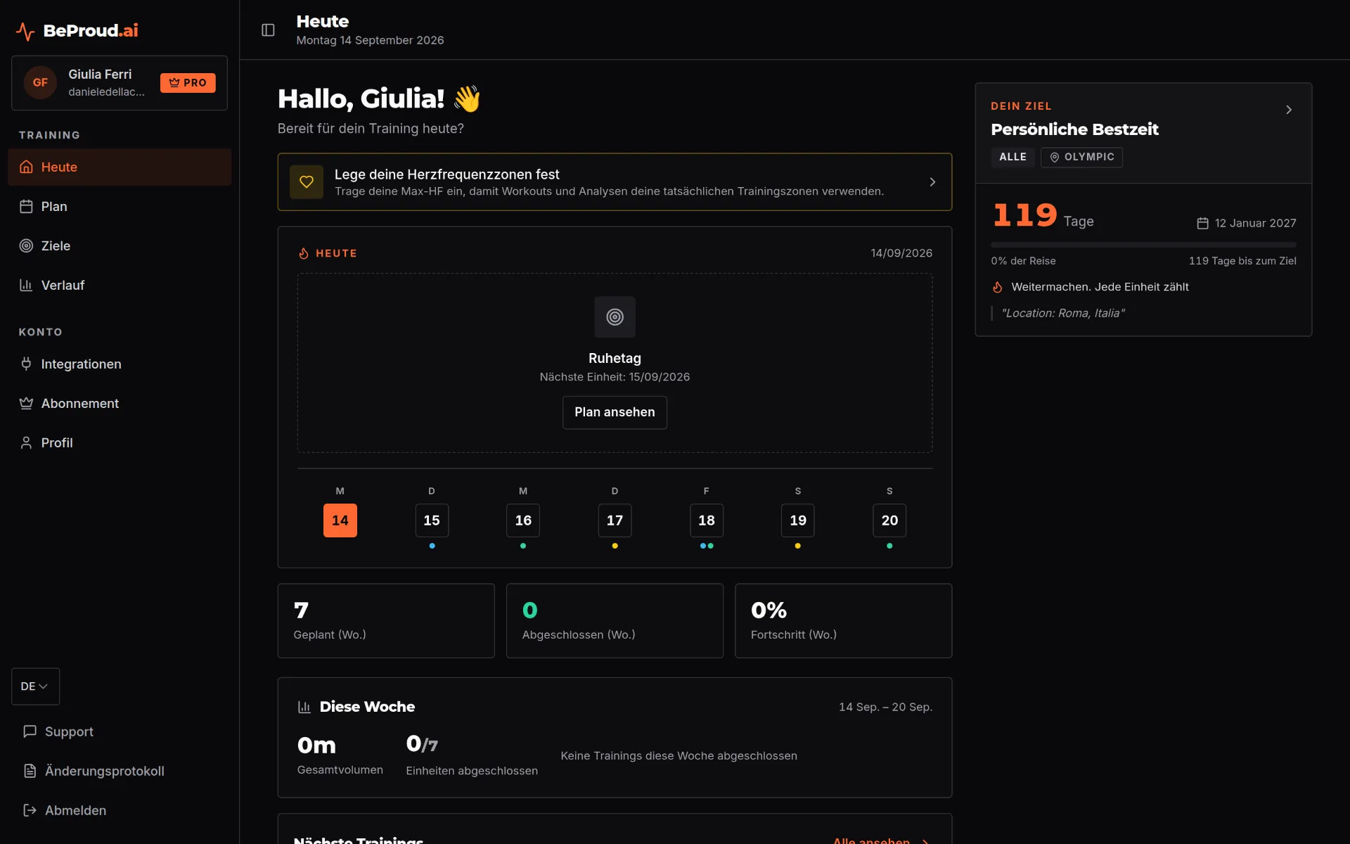 BeProud.ai Dashboard mit dem Wochenfortschritt