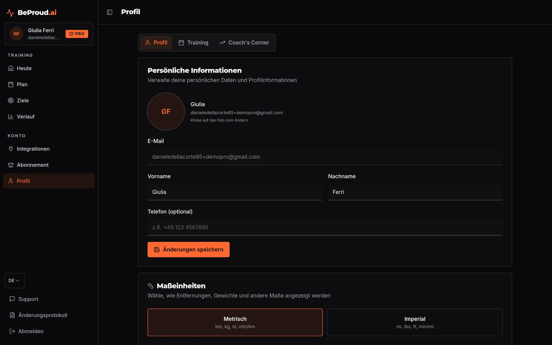 Physiologisches Athletenprofil in BeProud.ai