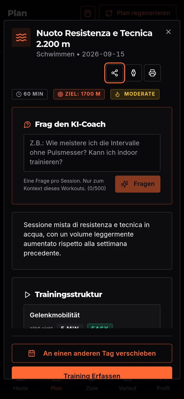 BeProud.ai Trainingsdetail auf dem Smartphone
