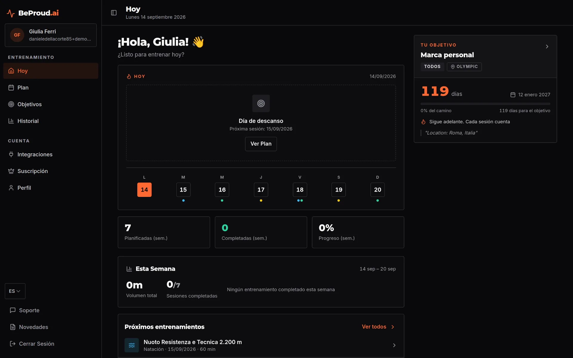 Panel de BeProud.ai con el progreso semanal