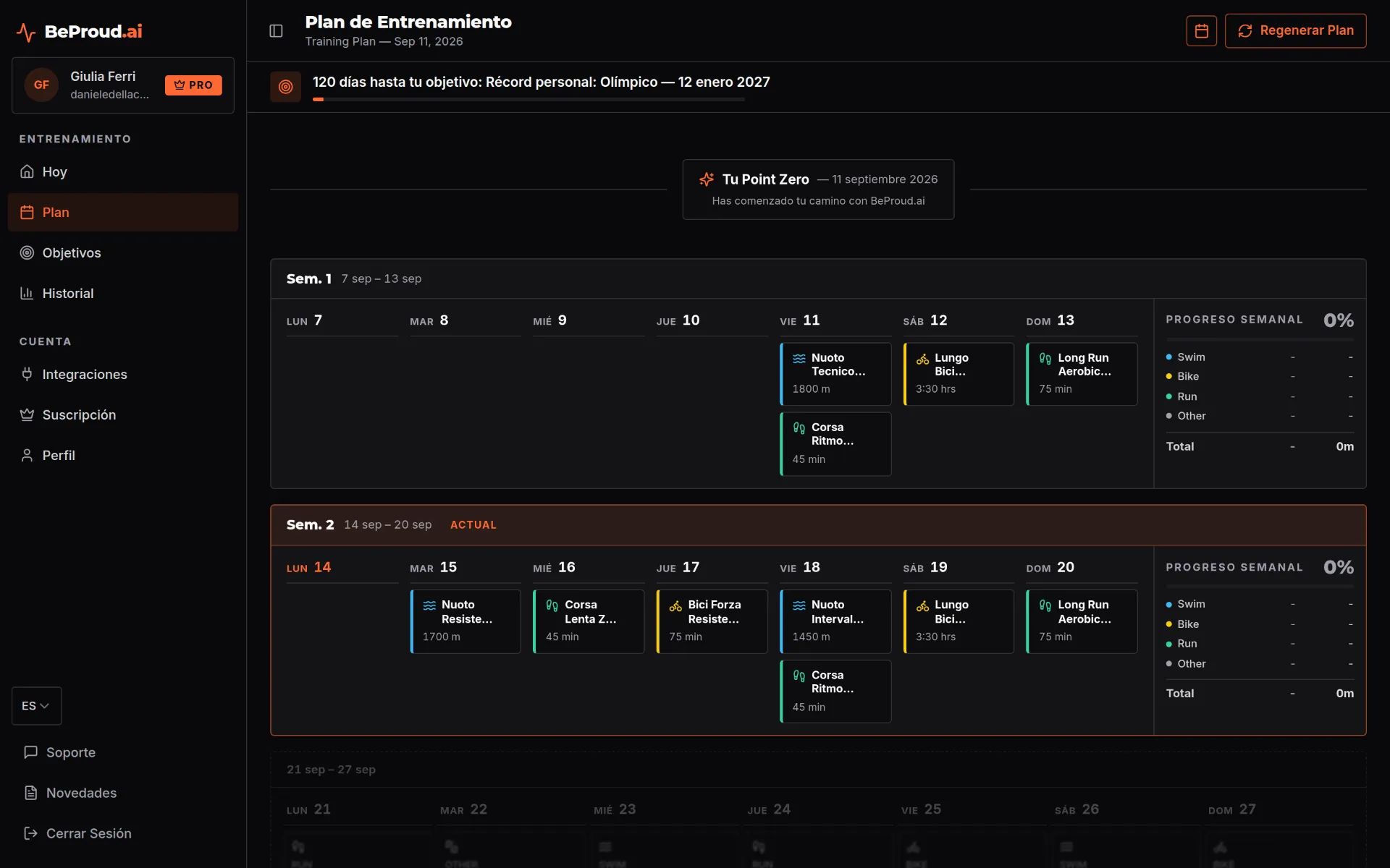 Plan de entrenamiento semanal de BeProud.ai en escritorio