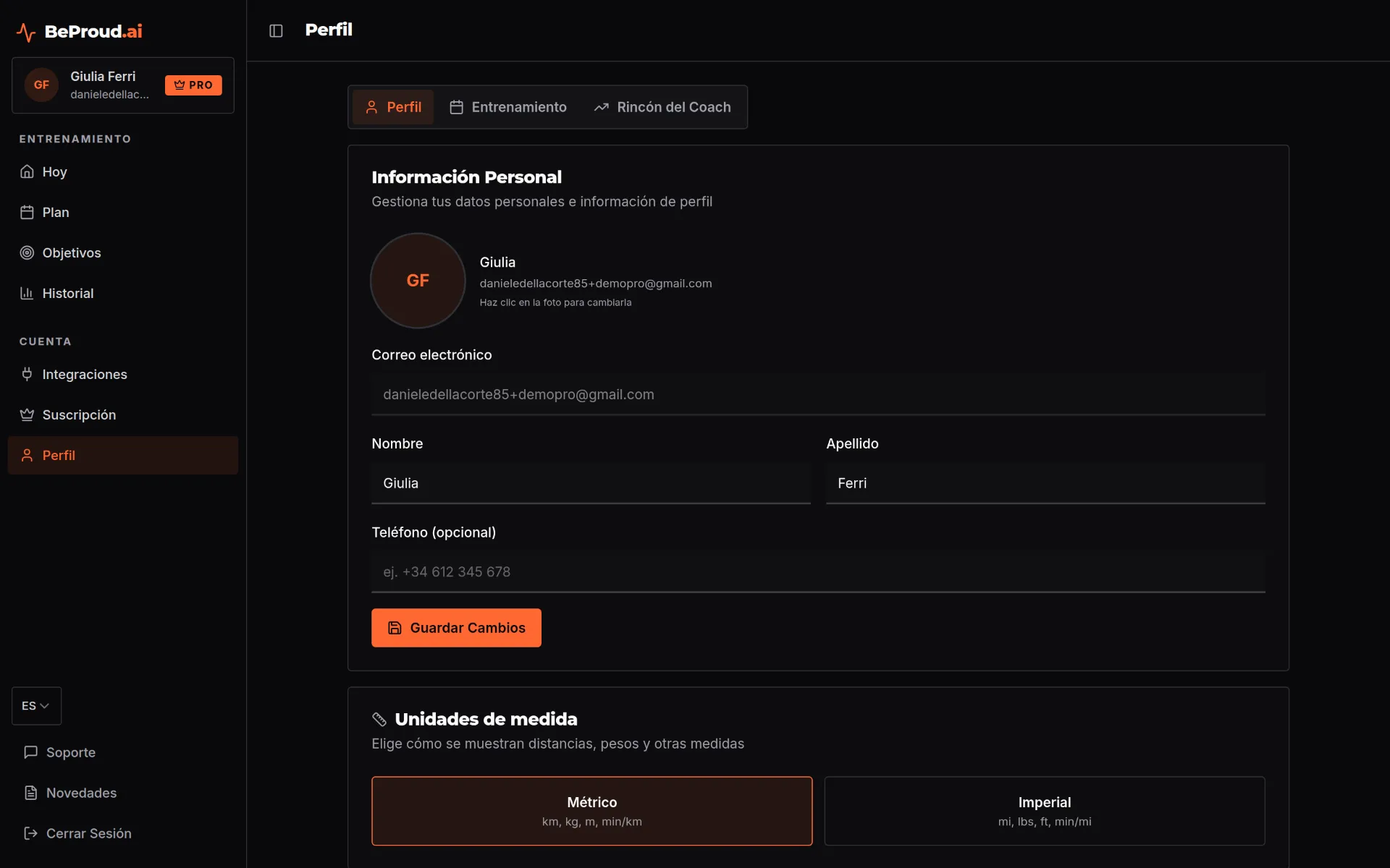Perfil fisiológico del atleta en BeProud.ai