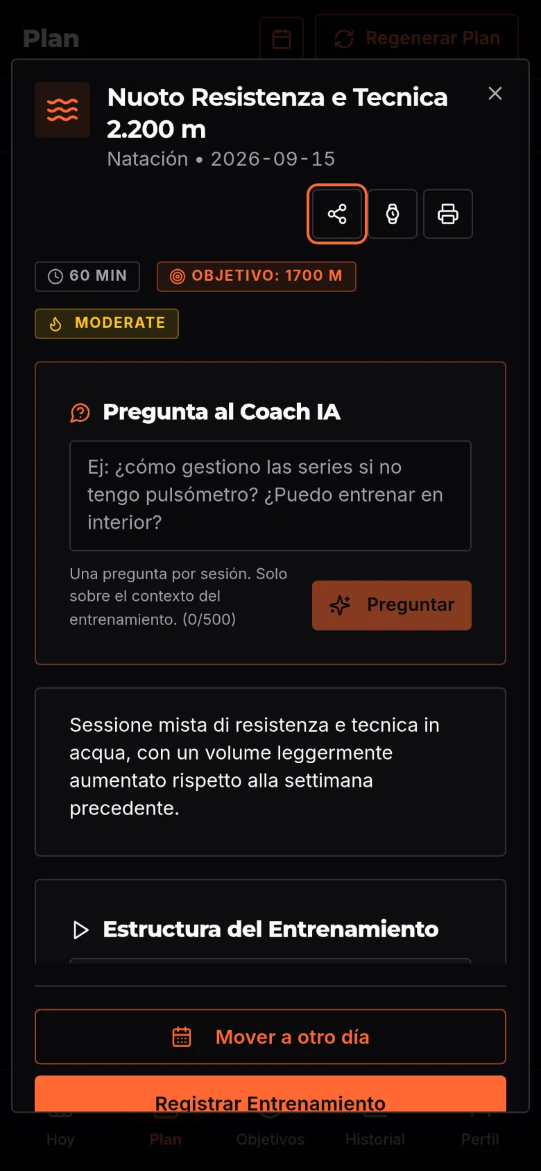 Detalle del entrenamiento de BeProud.ai en móvil
