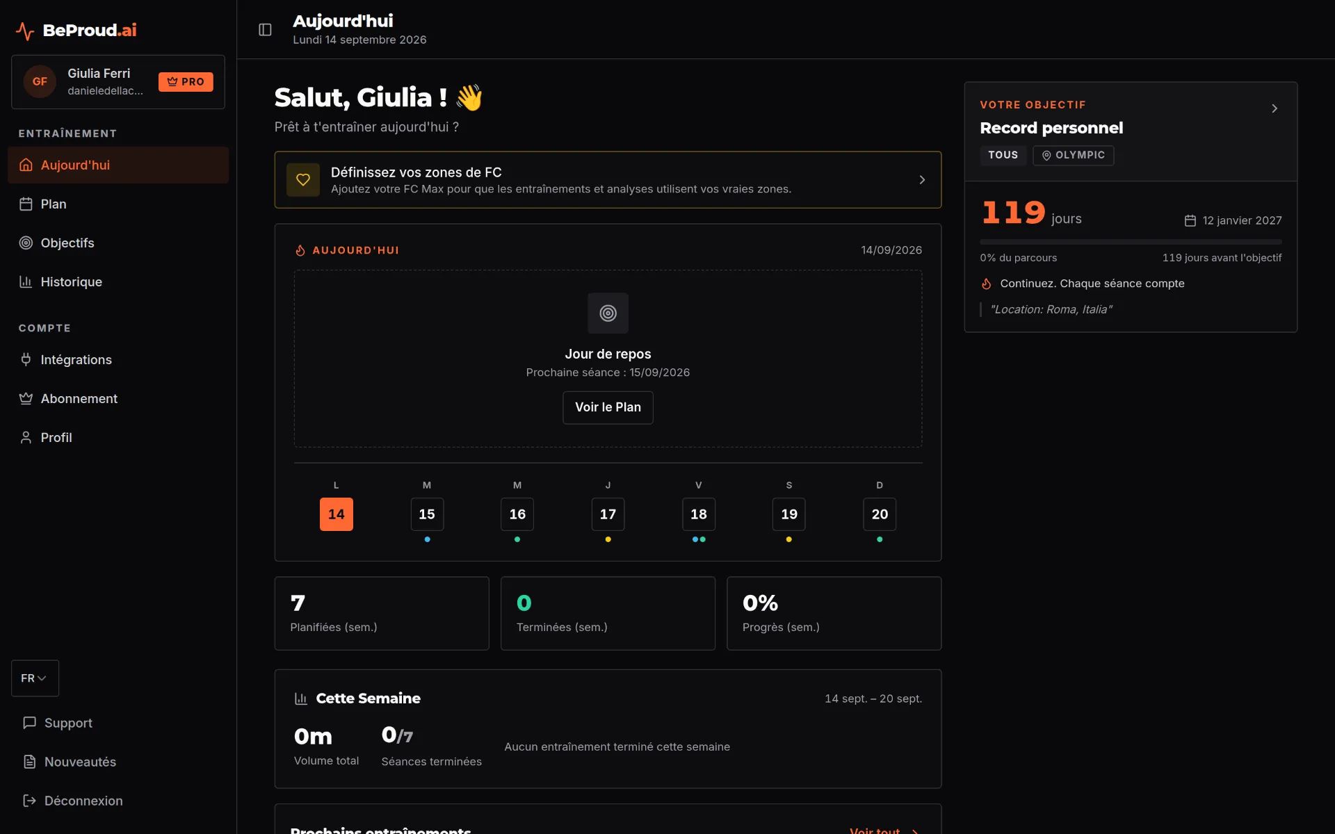 Tableau de bord BeProud.ai avec la progression hebdomadaire