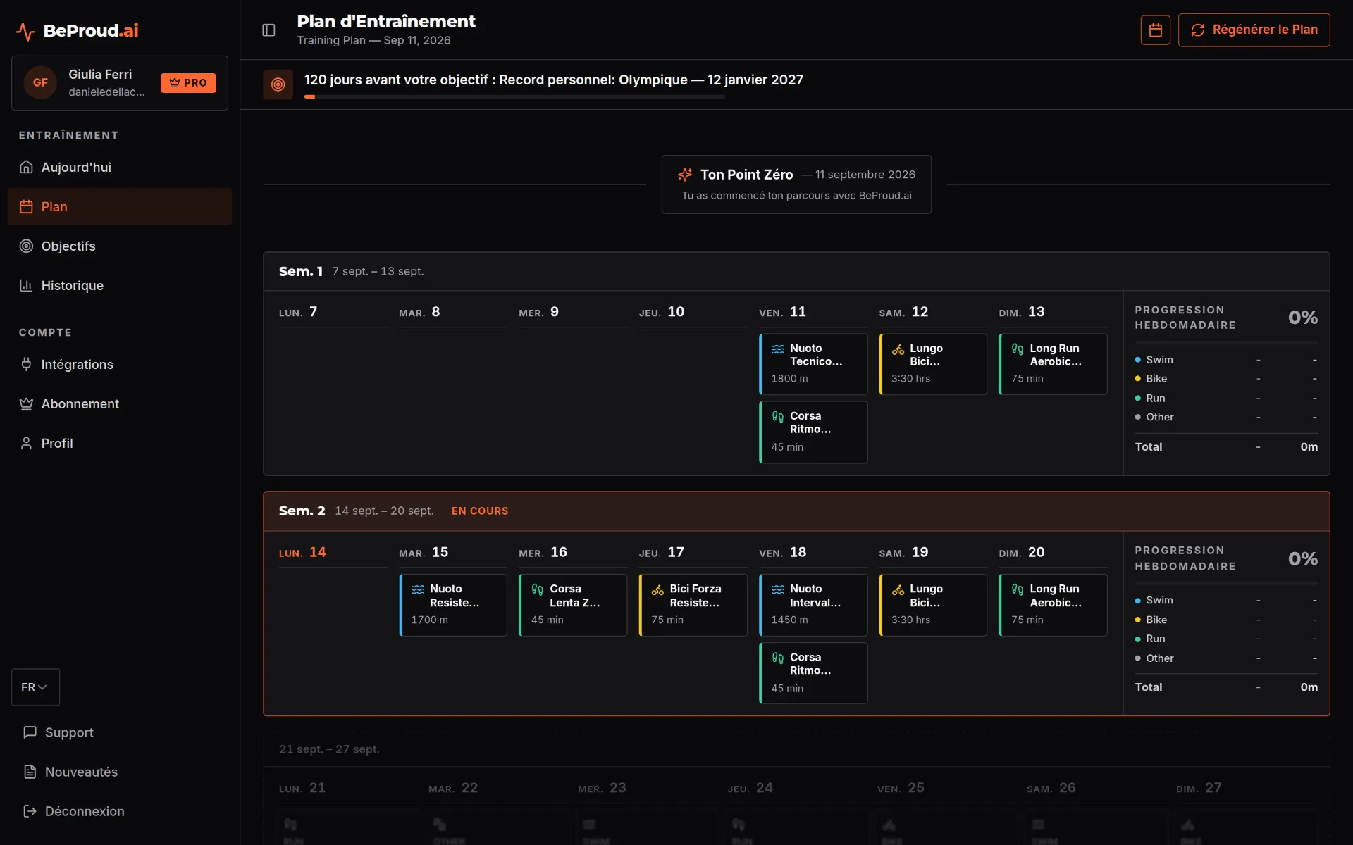 Plan d'entraînement hebdomadaire BeProud.ai sur ordinateur