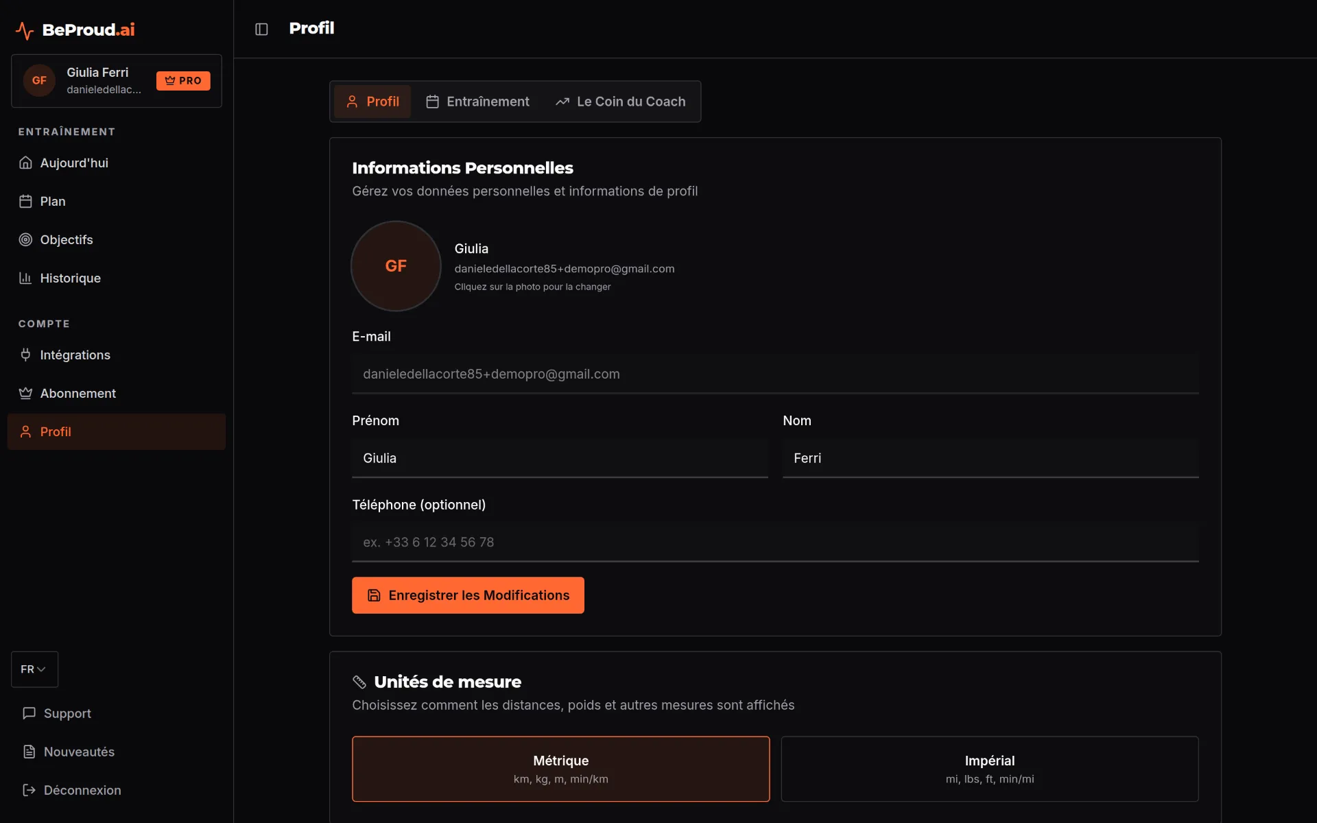 Profil physiologique de l'athlète sur BeProud.ai