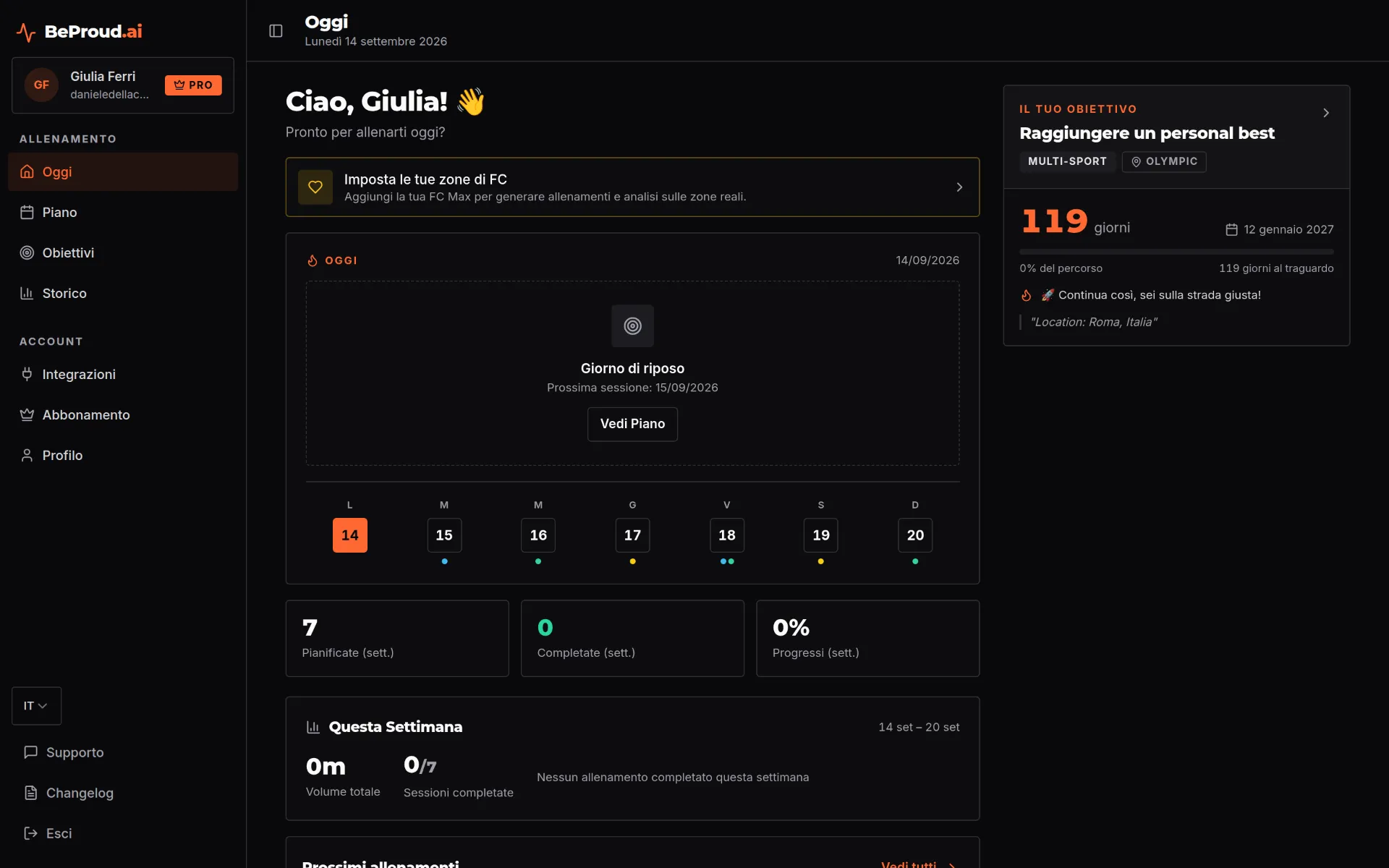 Dashboard BeProud.ai con i progressi settimanali