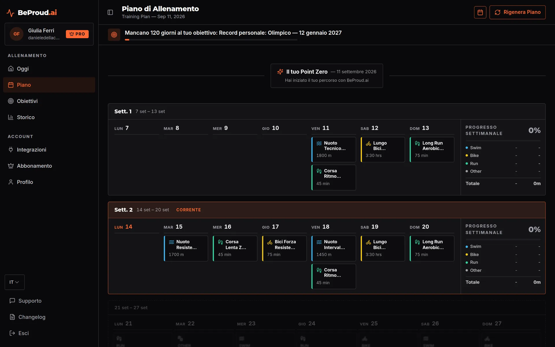 Piano di allenamento settimanale BeProud.ai su desktop